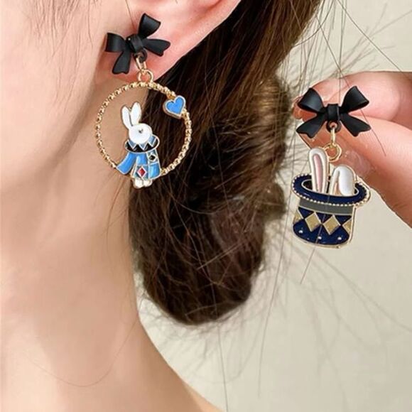 Vintage Inspired Alice In Wonderland Earrings, White Rabbit, Fantasy, Cute, - Picture 2 of 3